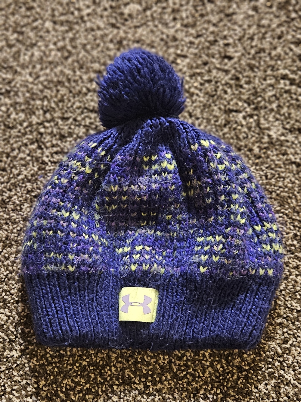 Under Armour Kids Purple Knit Pom Beanie with Yellow Accents